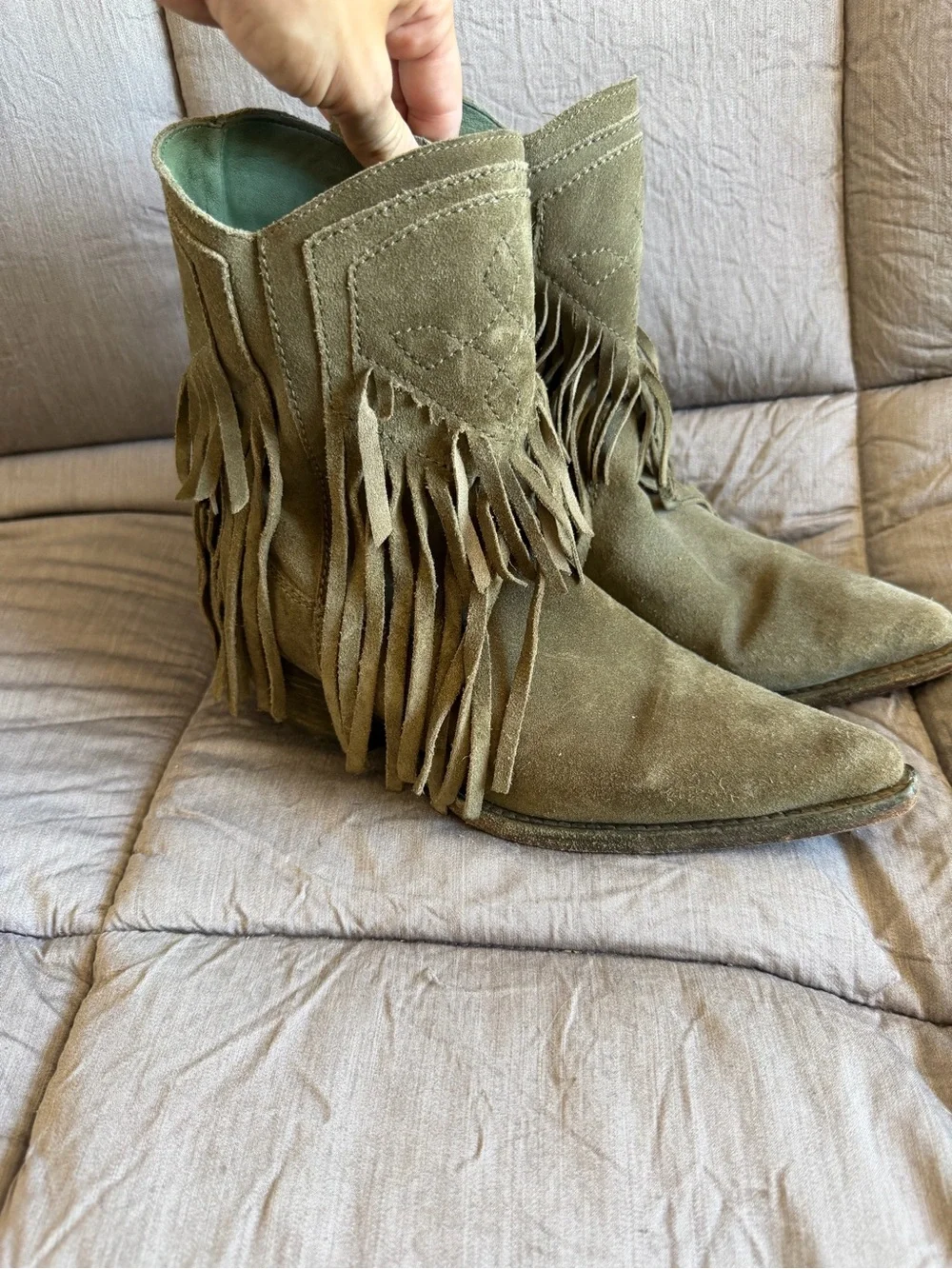 Free People Lawless Fringe olive green suede boots